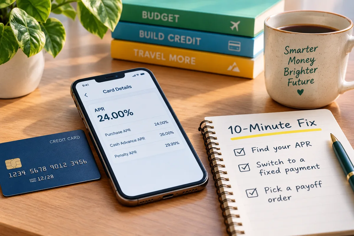 A phone showing a credit card's purchase, cash advance and penalty APRs next to a credit card and a notebook with a 10-minute fix checklist