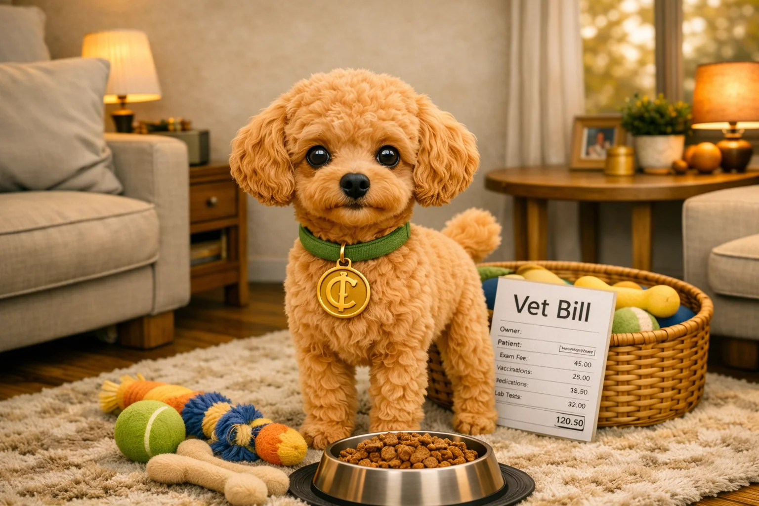 Apricot poodle with dog food, toys, and a vet bill — dog ownership readiness quiz