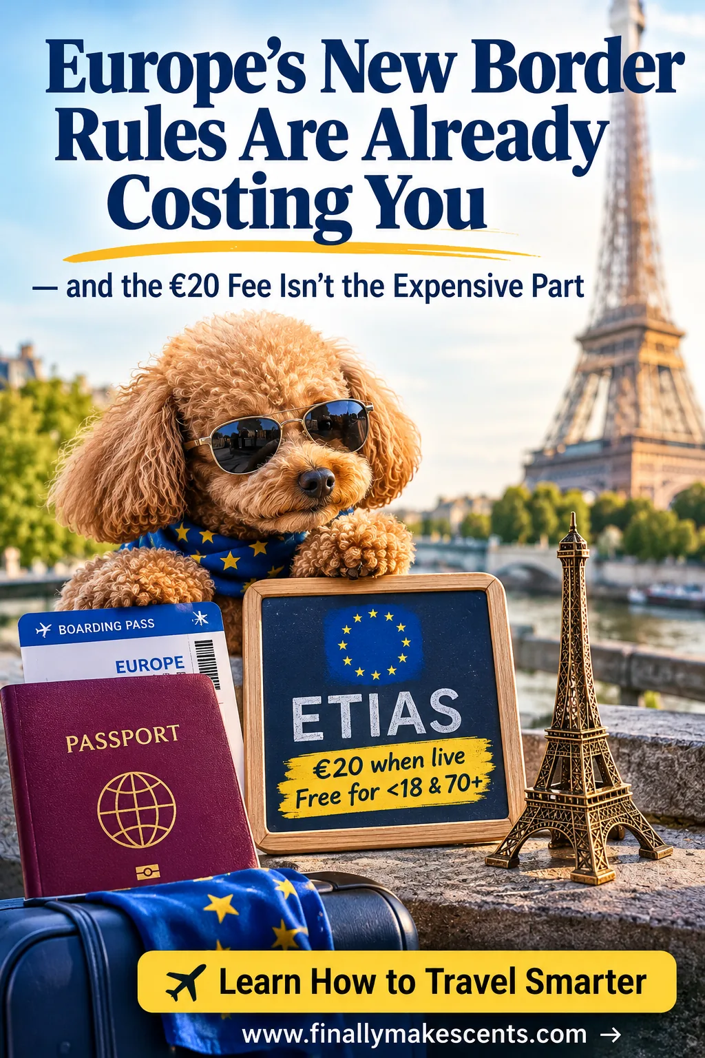 Rally the poodle in sunglasses beside a passport, boarding pass and a chalkboard sign reading ETIAS — €20 when live, free for under 18 and over 70 — with the Eiffel Tower behind