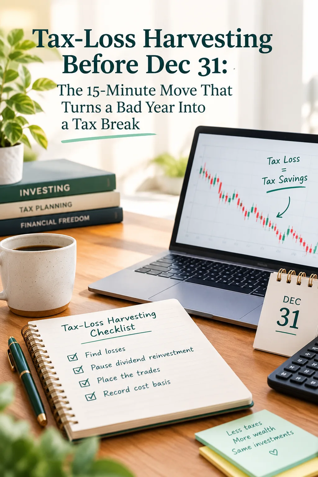 Desk with a laptop showing a falling stock chart labeled tax loss equals tax savings, a Dec 31 desk calendar and a tax-loss harvesting checklist: find losses, pause dividend reinvestment, place the trades, record cost basis